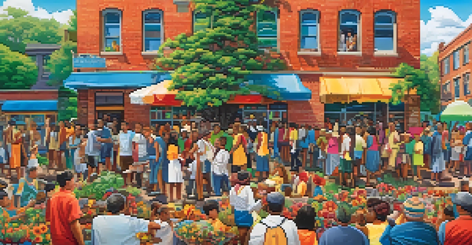 A colorful mural illustrating a community gathering with diverse people and cultural landmarks, surrounded by greenery.