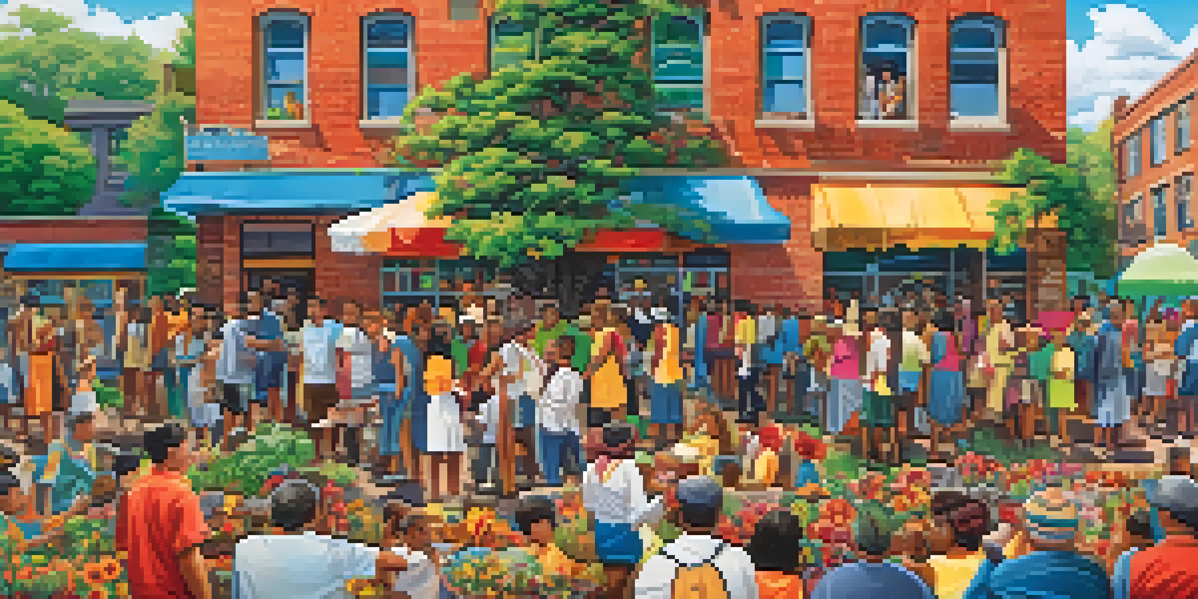 A colorful mural illustrating a community gathering with diverse people and cultural landmarks, surrounded by greenery.