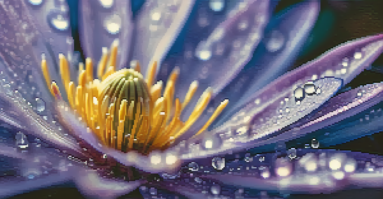 A detailed close-up of a blue and purple flower with dew droplets in soft light.