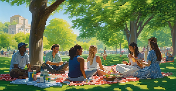 People of various backgrounds engaged in painting outdoors in a sunny park, surrounded by greenery and colorful flowers.