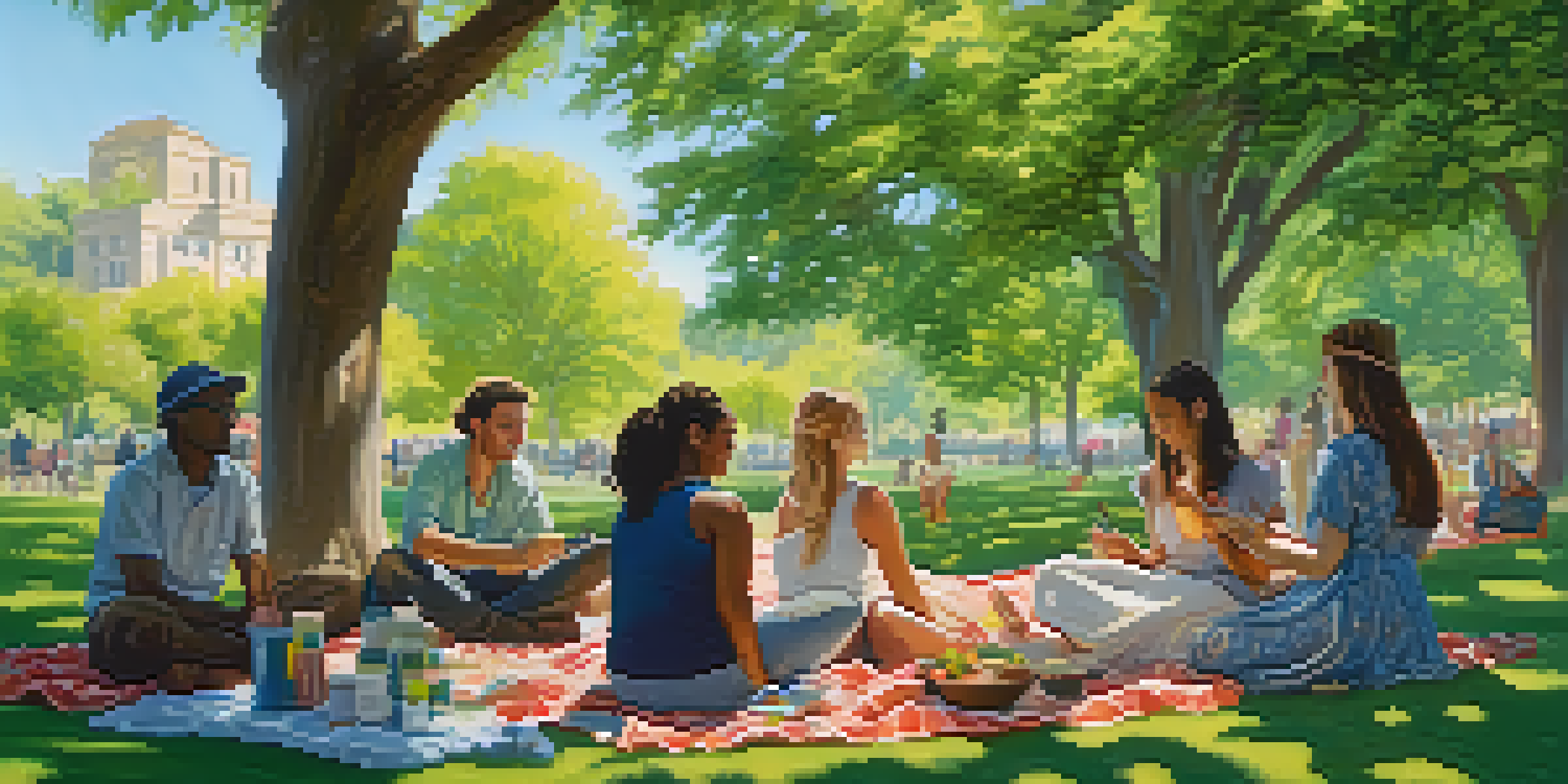 People of various backgrounds engaged in painting outdoors in a sunny park, surrounded by greenery and colorful flowers.