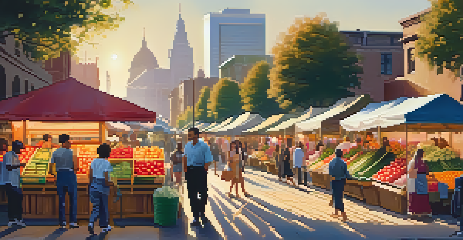 A lively urban street market filled with colorful stalls and shoppers during the late afternoon, with warm sunlight enhancing the vibrant colors.
