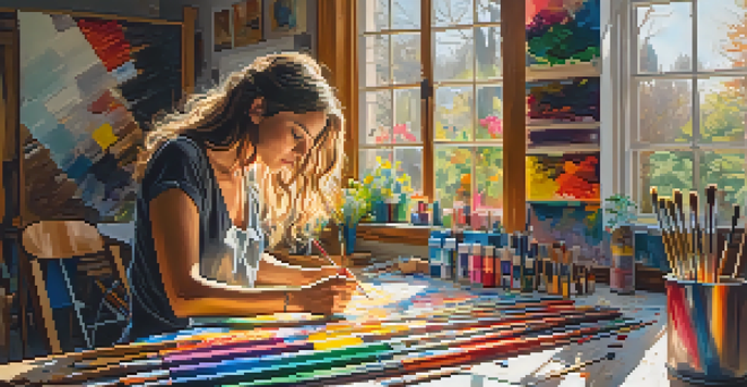 A female artist in a colorful studio, painting a self-portrait on a large canvas with sunlight streaming in.