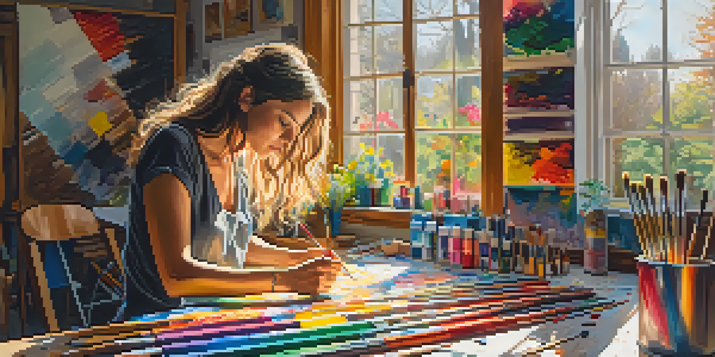 A female artist in a colorful studio, painting a self-portrait on a large canvas with sunlight streaming in.