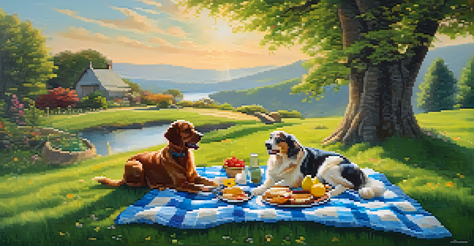 A family picnic scene on a sunny day, with a blanket, food, and a dog in a grassy area.