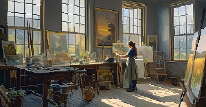 A female artist working in a 19th-century art studio, surrounded by her paintings and art supplies, with soft sunlight streaming through a large window.