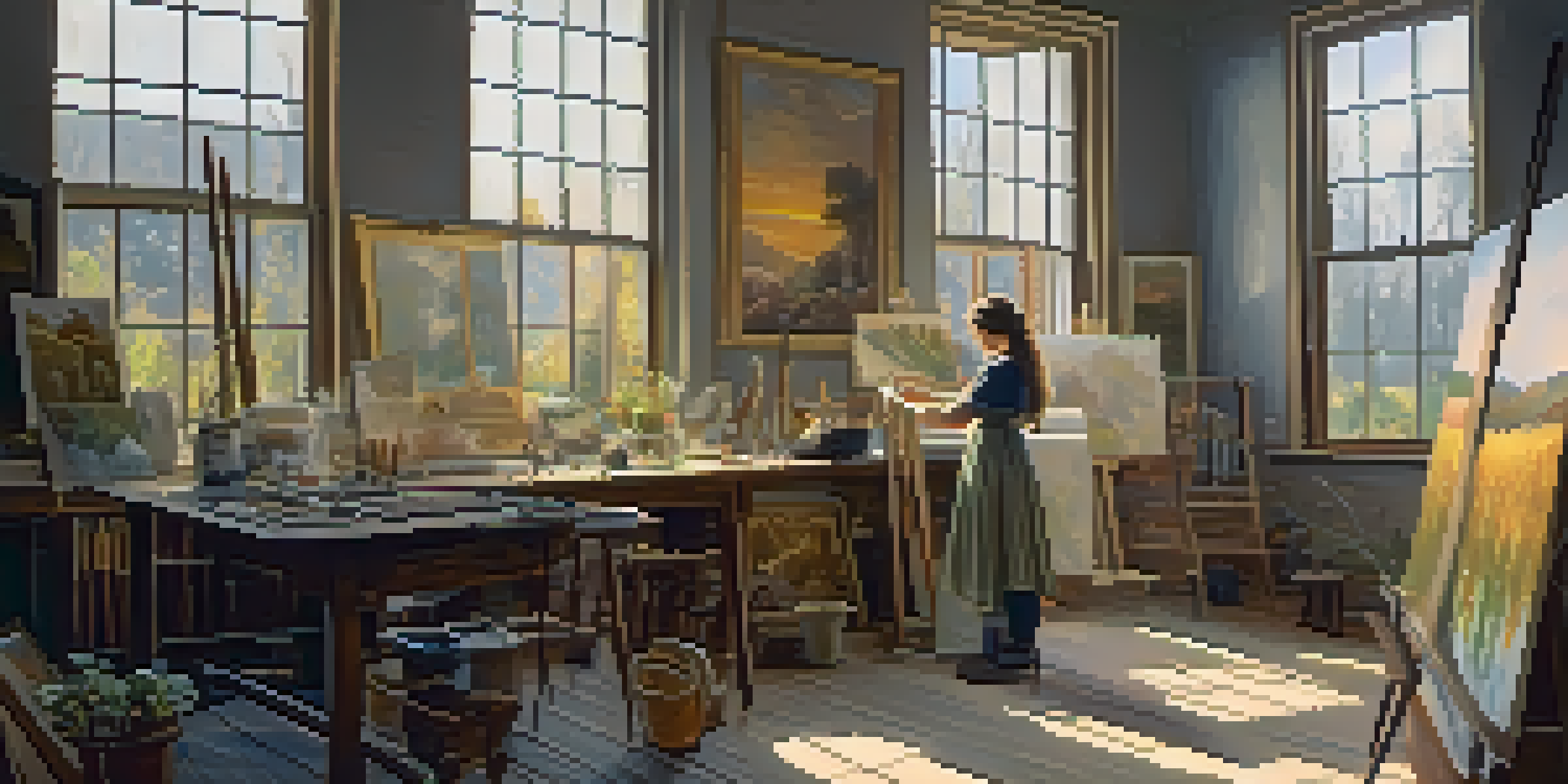 A female artist working in a 19th-century art studio, surrounded by her paintings and art supplies, with soft sunlight streaming through a large window.