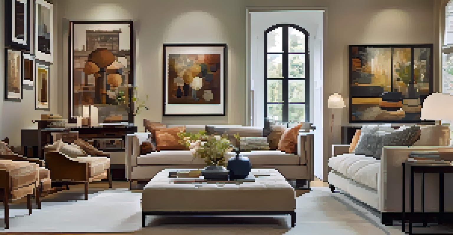 A cozy living room showcasing a diverse art collection with framed paintings and comfortable seating.