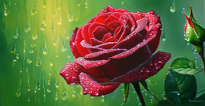 A close-up view of a red rose with dew drops on its petals, surrounded by a soft green background.