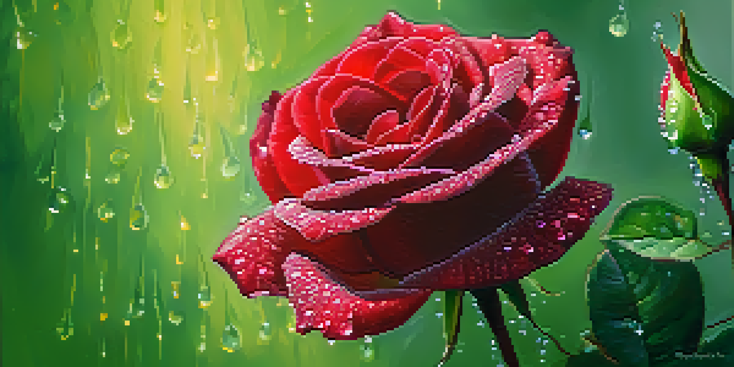 A close-up view of a red rose with dew drops on its petals, surrounded by a soft green background.