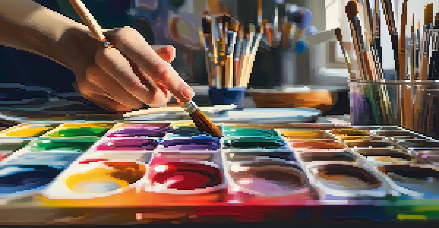 A close-up of a hand with a paintbrush above a colorful canvas, surrounded by blurred art supplies in a warm-lit environment.
