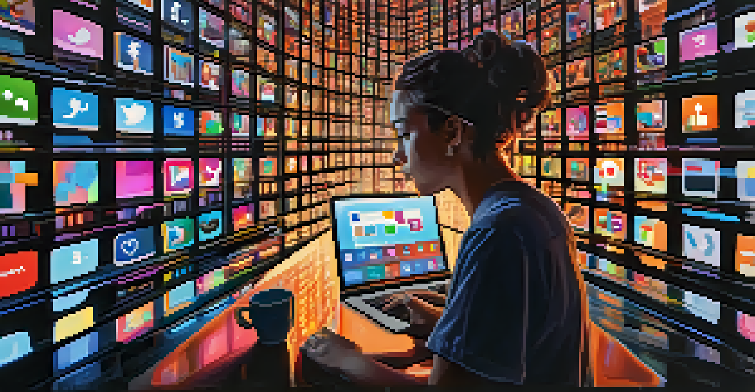 A person staring at their reflection on a computer screen, surrounded by abstract digital art symbolizing the complexities of online identity.