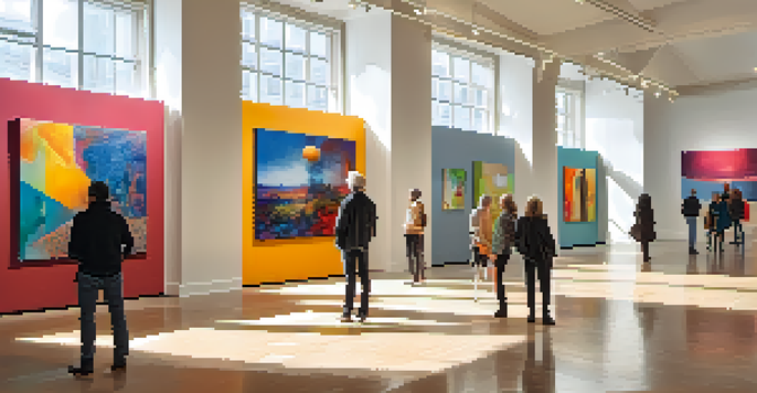 An art exhibition with colorful contemporary artworks, well-lit by natural light, with visitors engaged in conversation.