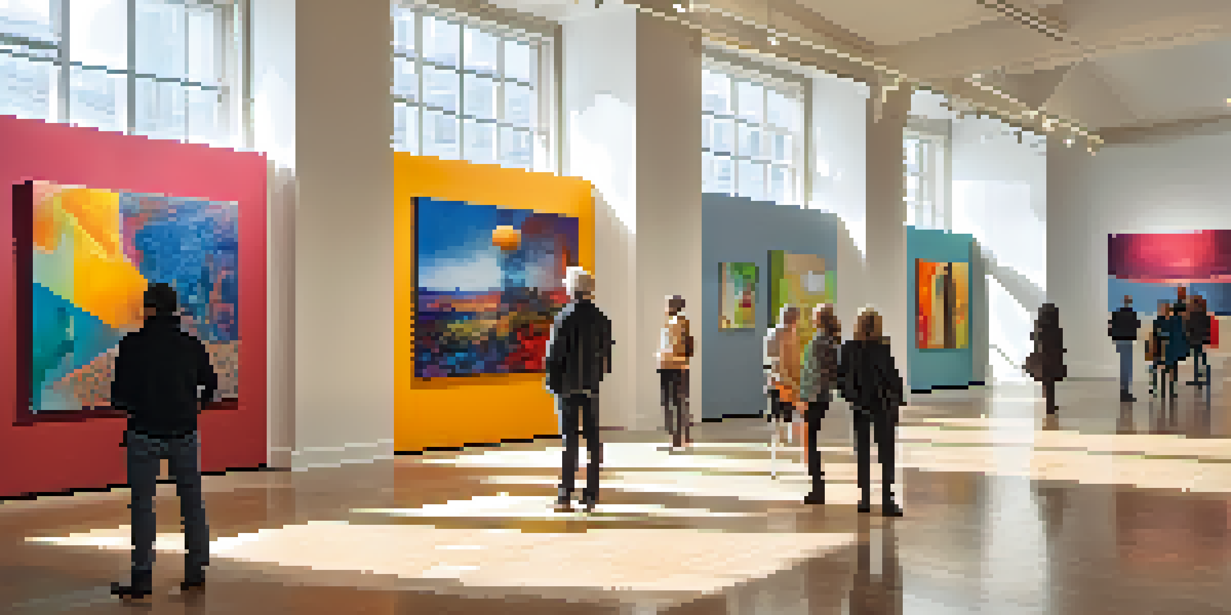 An art exhibition with colorful contemporary artworks, well-lit by natural light, with visitors engaged in conversation.