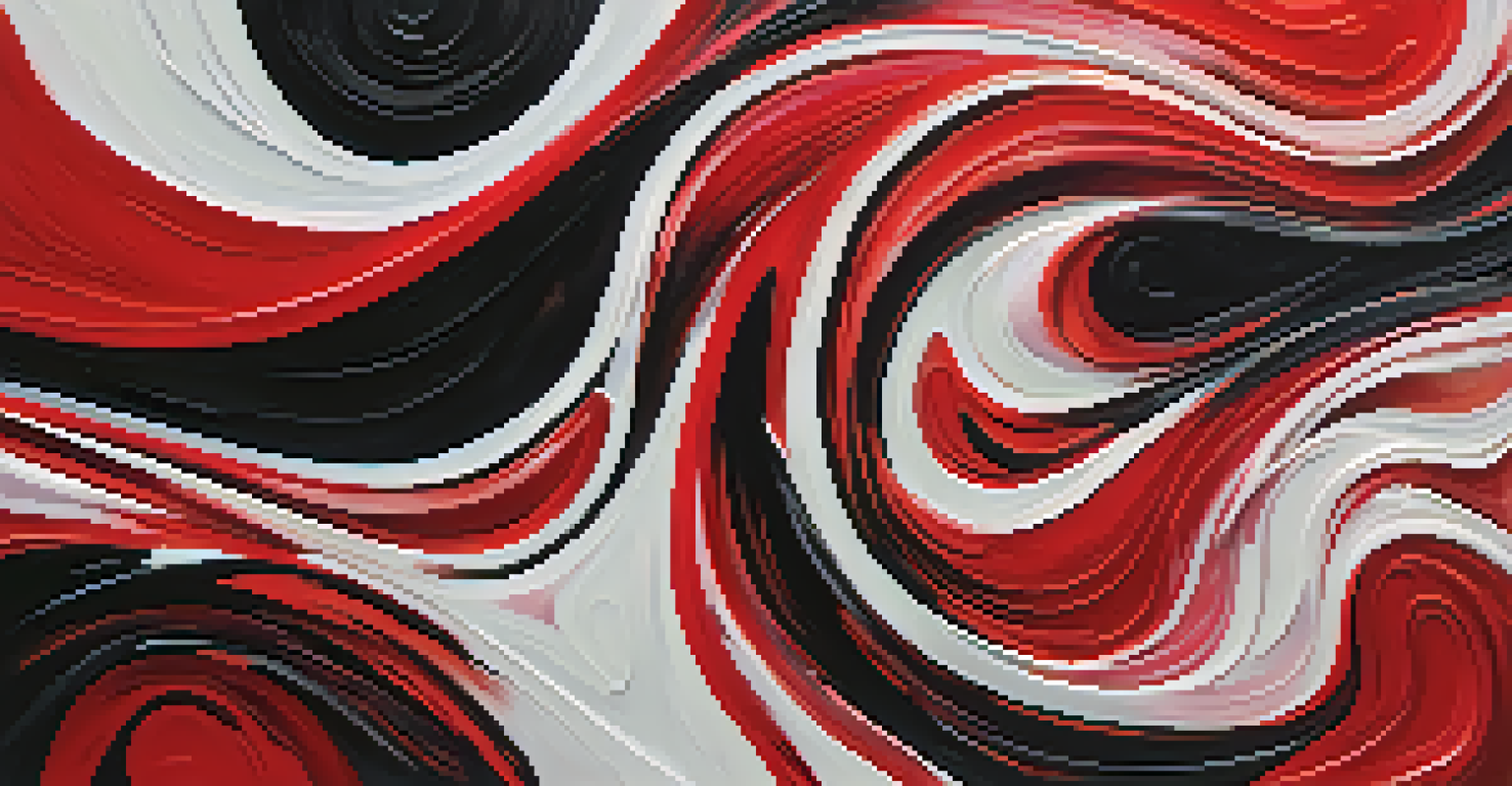 An abstract representation of emotions with swirling colors of red, black, and white, symbolizing love and despair.