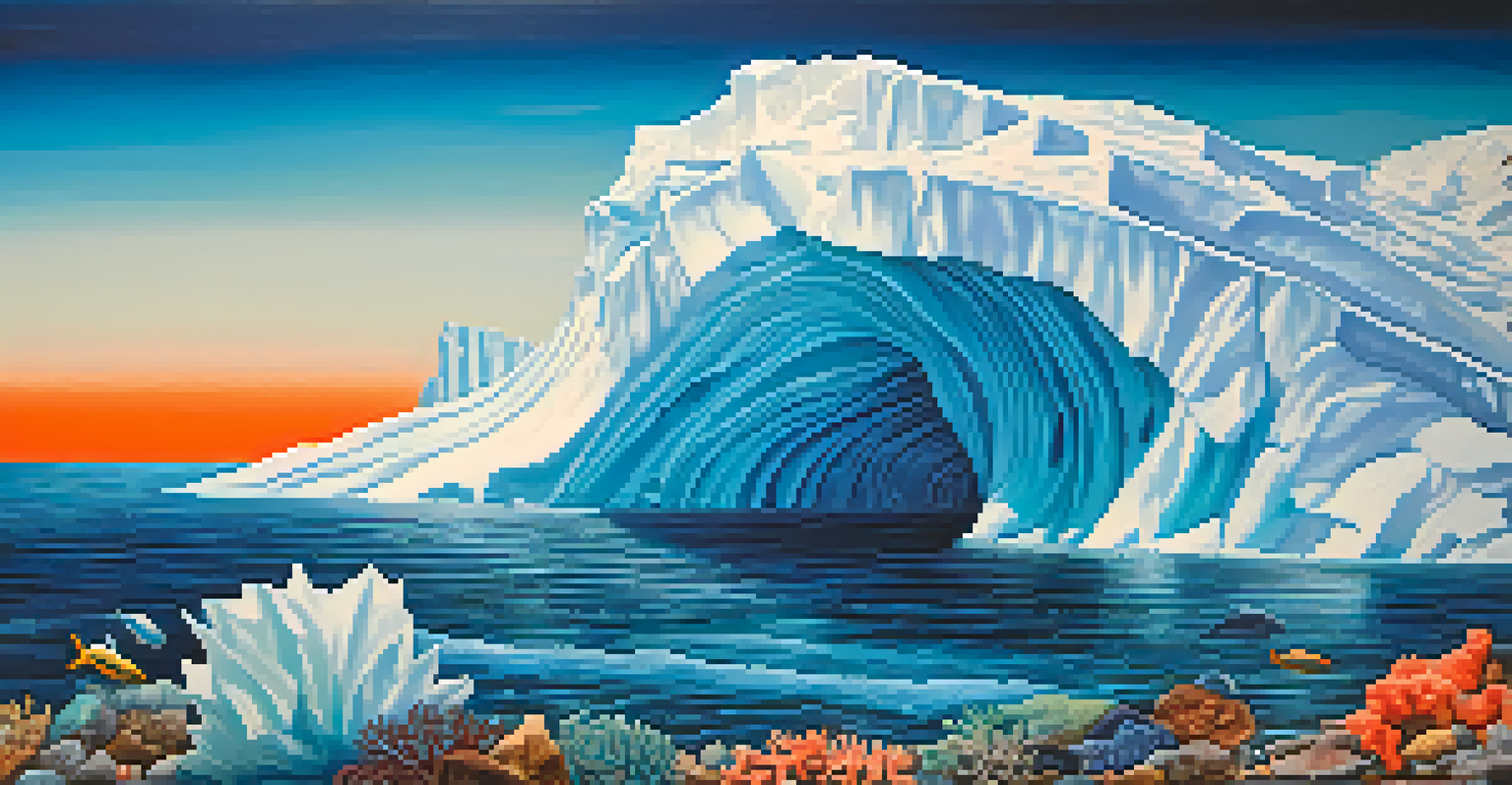 A close-up of a painting showing a melting iceberg with colorful marine life, highlighting the theme of climate change.