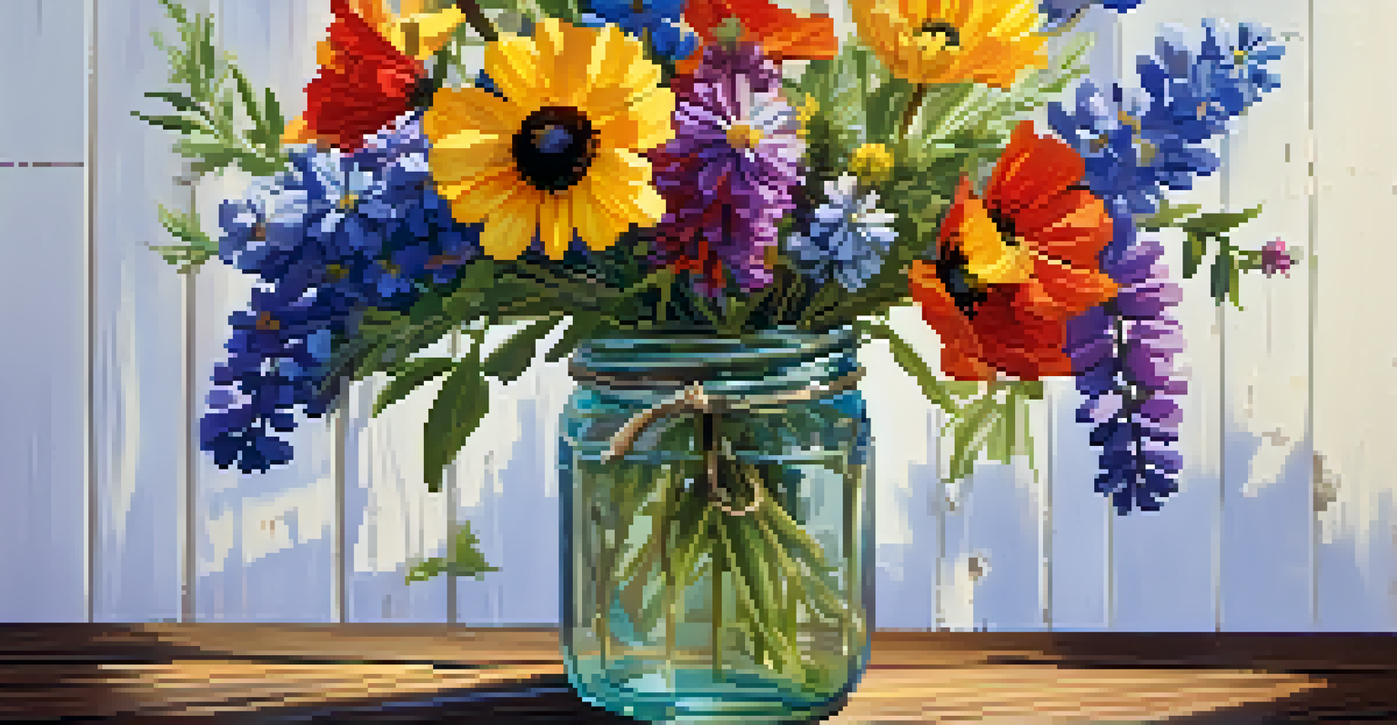 A close-up of a colorful bouquet of wildflowers in a mason jar on a wooden table, illuminated by sunlight.