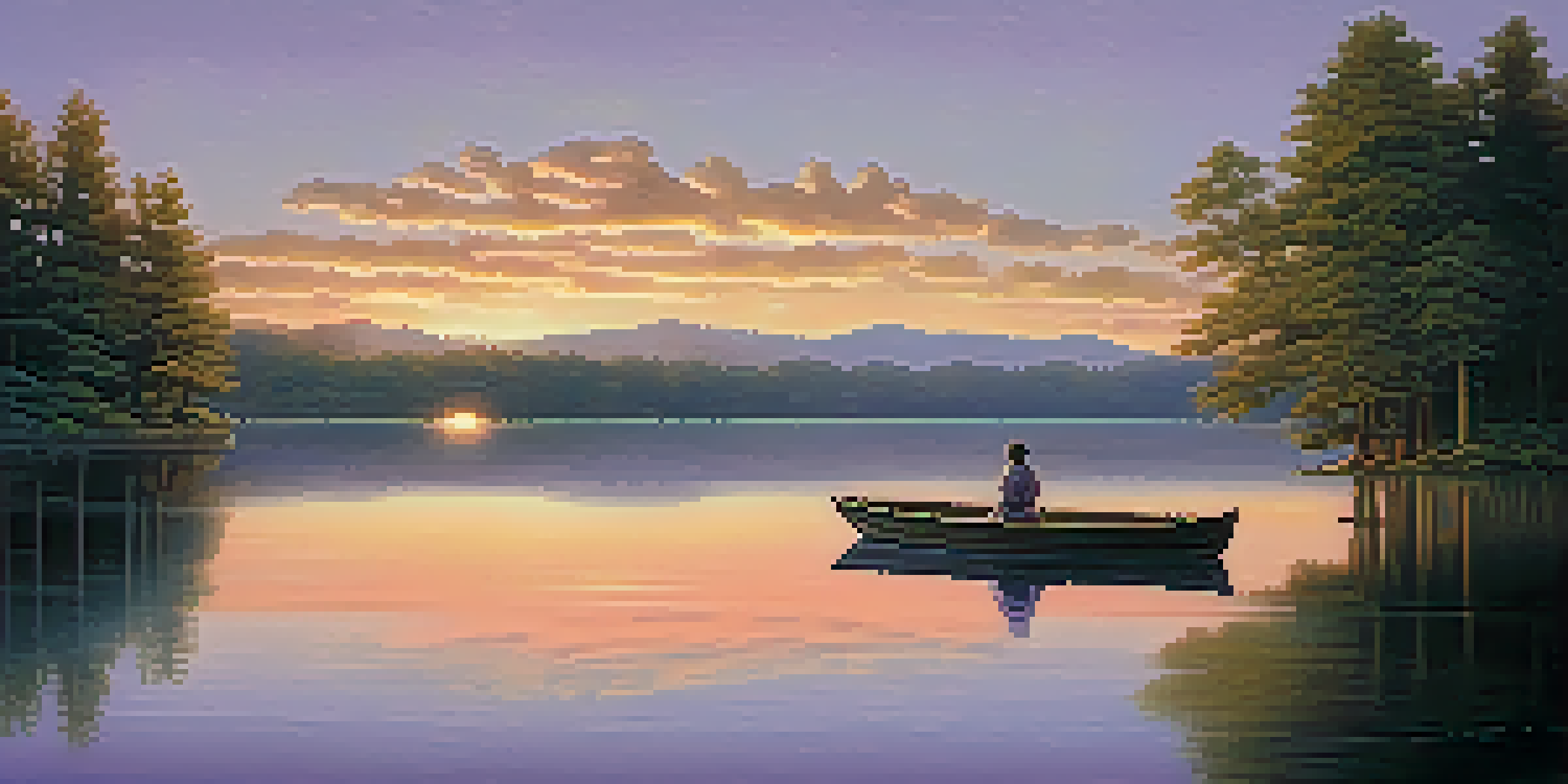 A peaceful dusk landscape with a lake, trees, and a figure in a boat, with a sky in lavender and peach colors.