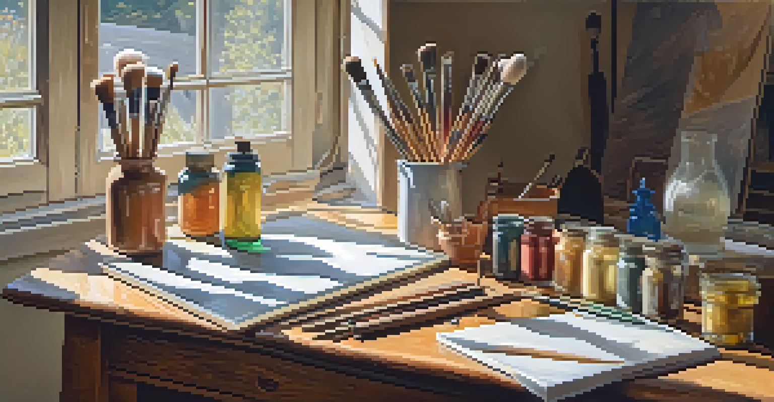 An artist's studio with traditional painting tools and a luminous portrait in progress, illuminated by natural sunlight.