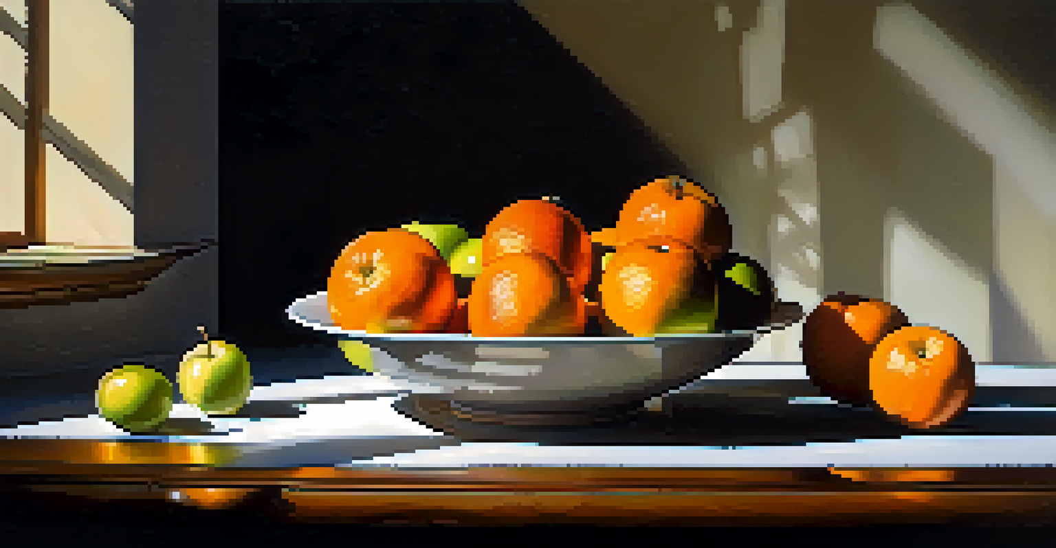 A still life of fruits in a white bowl on a dark table illuminated by soft light.
