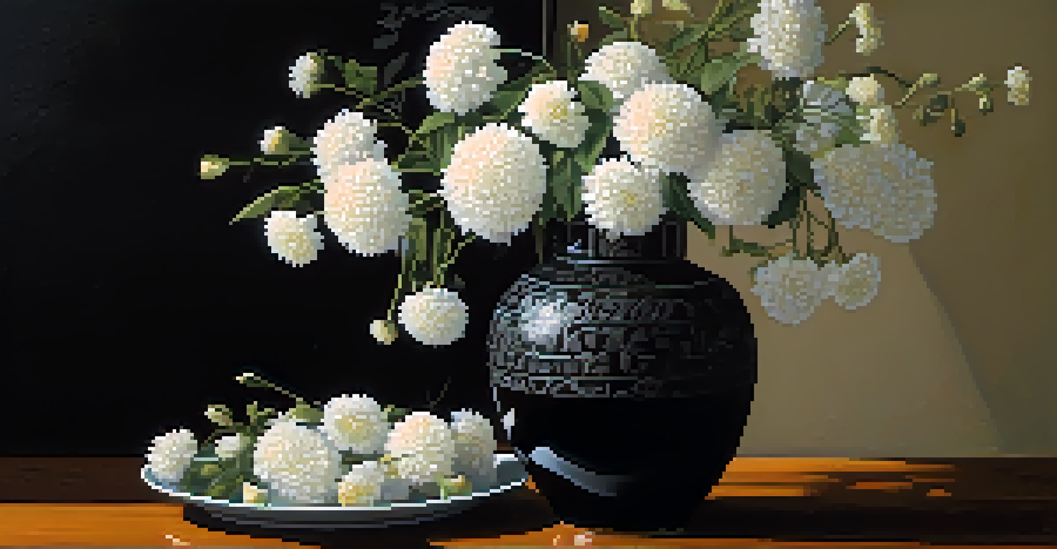 A still life image of a black ceramic vase with white flowers on a textured wooden table, lit by soft light.
