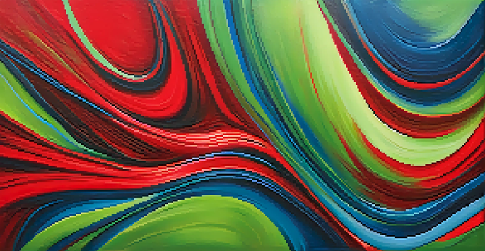 A colorful abstract painting with red and blue swirls, green lines, and a textured canvas background.