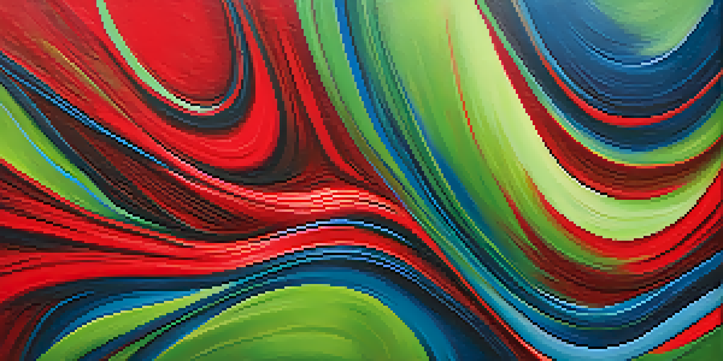 A colorful abstract painting with red and blue swirls, green lines, and a textured canvas background.