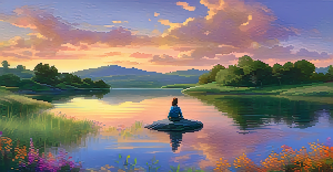 A peaceful landscape with rolling hills and a sunset sky, reflecting in a calm lake with a person sketching at the water's edge.
