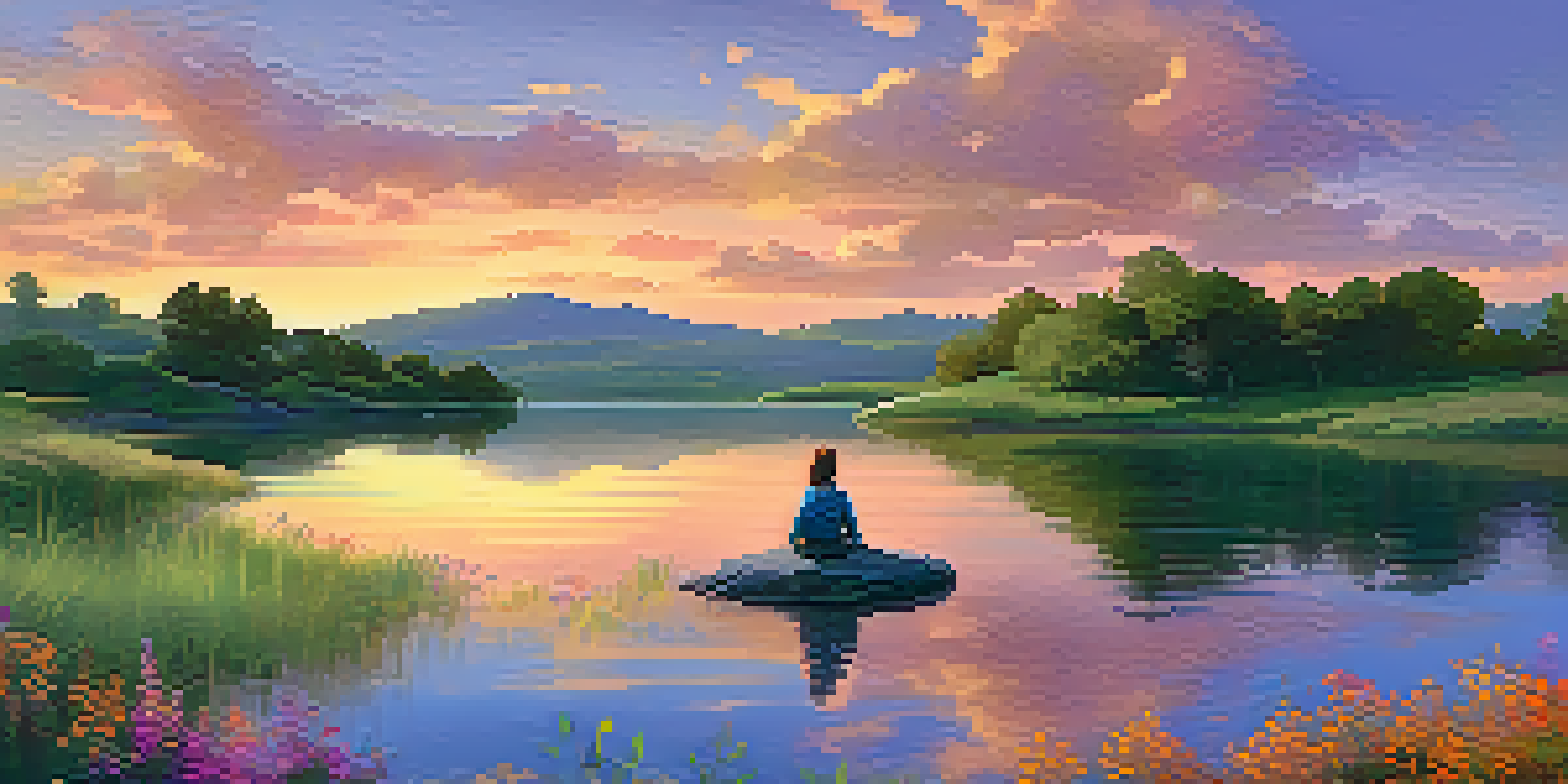 A peaceful landscape with rolling hills and a sunset sky, reflecting in a calm lake with a person sketching at the water's edge.