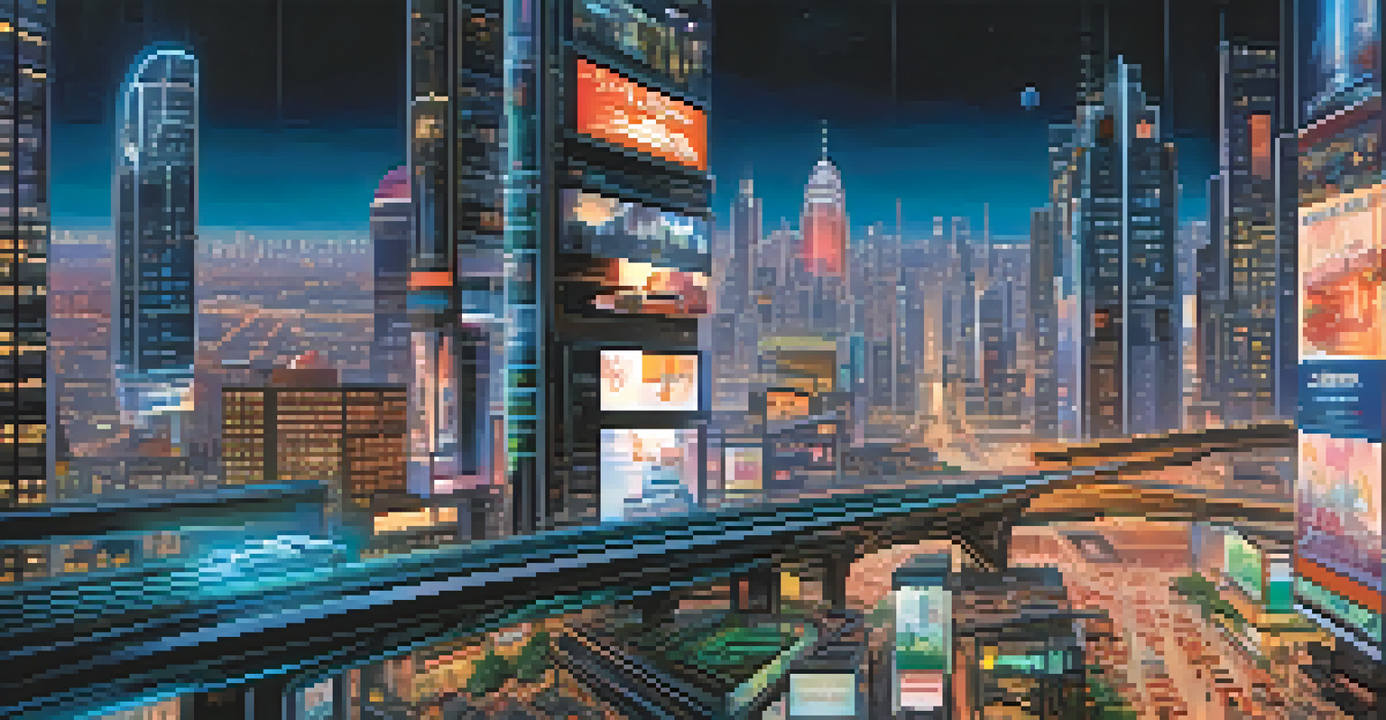 A futuristic city at night with neon lights, skyscrapers, and flying vehicles, bustling with people on the streets.