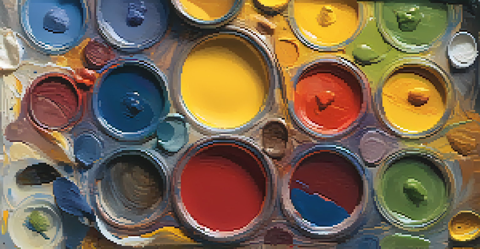 A close-up of an artist's palette filled with a variety of colorful paints, showcasing vibrant hues and textures.