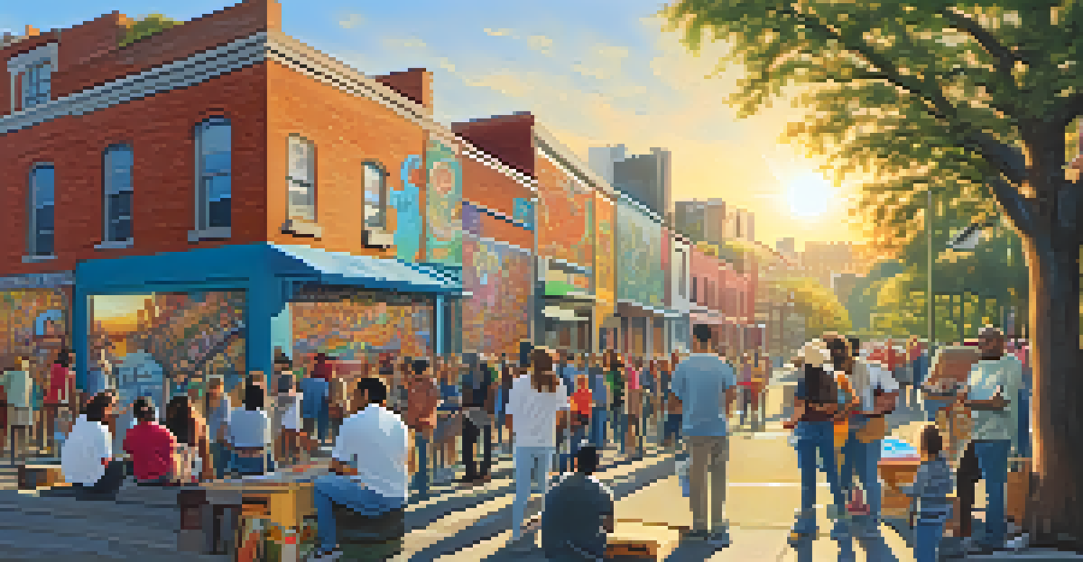A community mural being painted live on an urban street with artists and onlookers, bathed in sunset light.
