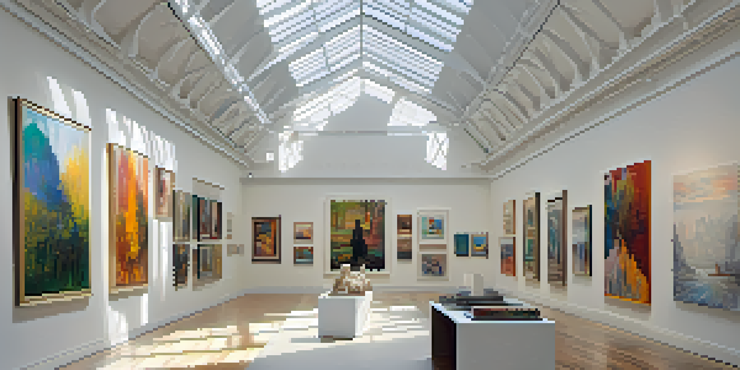 A contemporary art gallery filled with diverse artworks and visitors engaging with the art under natural light.