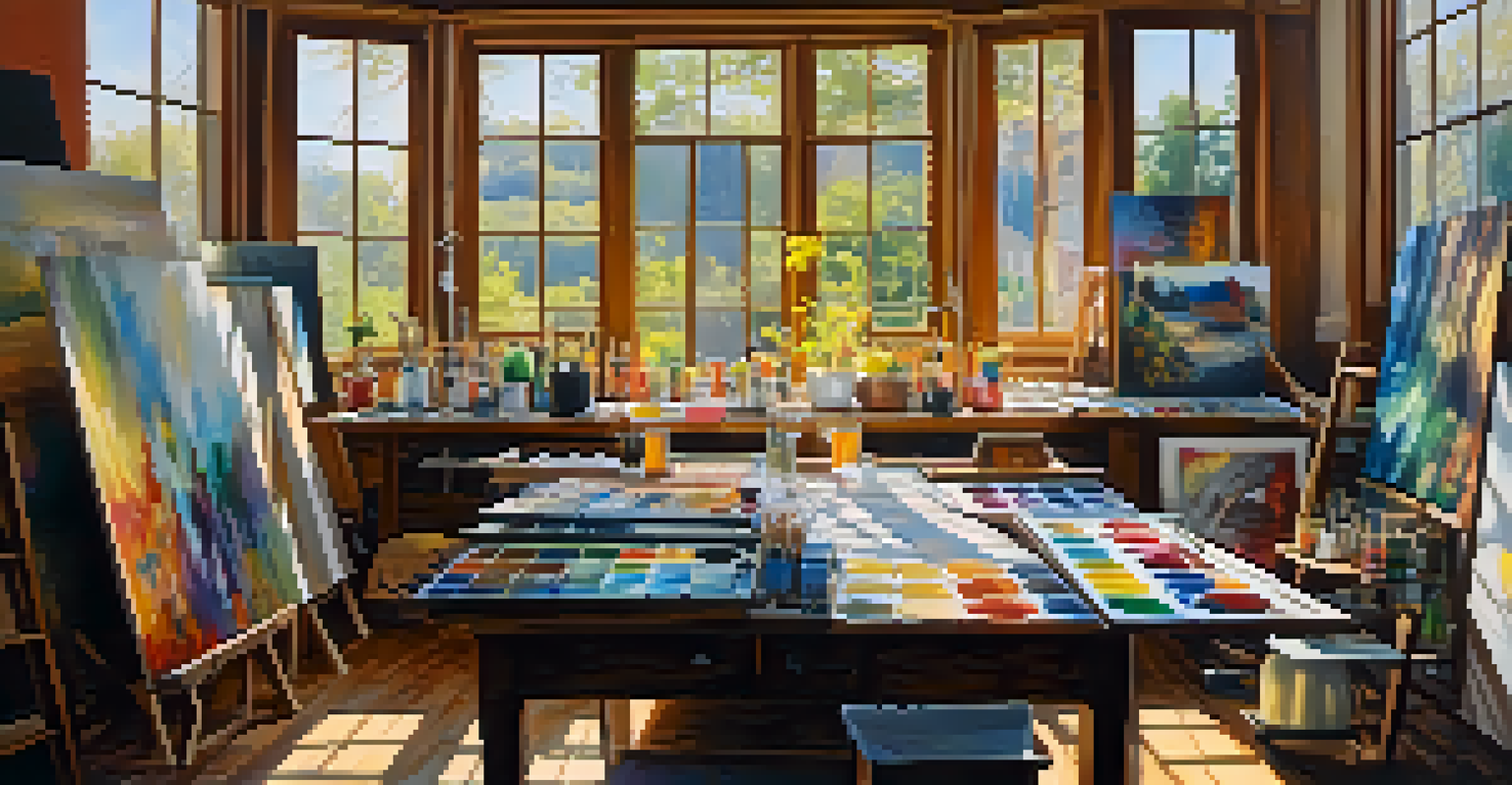 An artist's studio filled with colorful paintings, brushes, and palettes in a sunlit room.