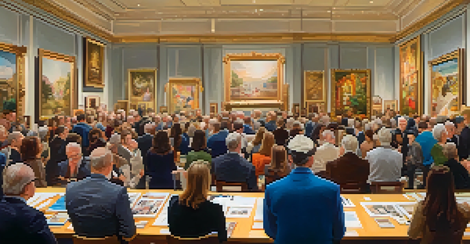 A lively art auction in a gallery with bidders raising paddles and an auctioneer at the front, surrounded by colorful artworks.