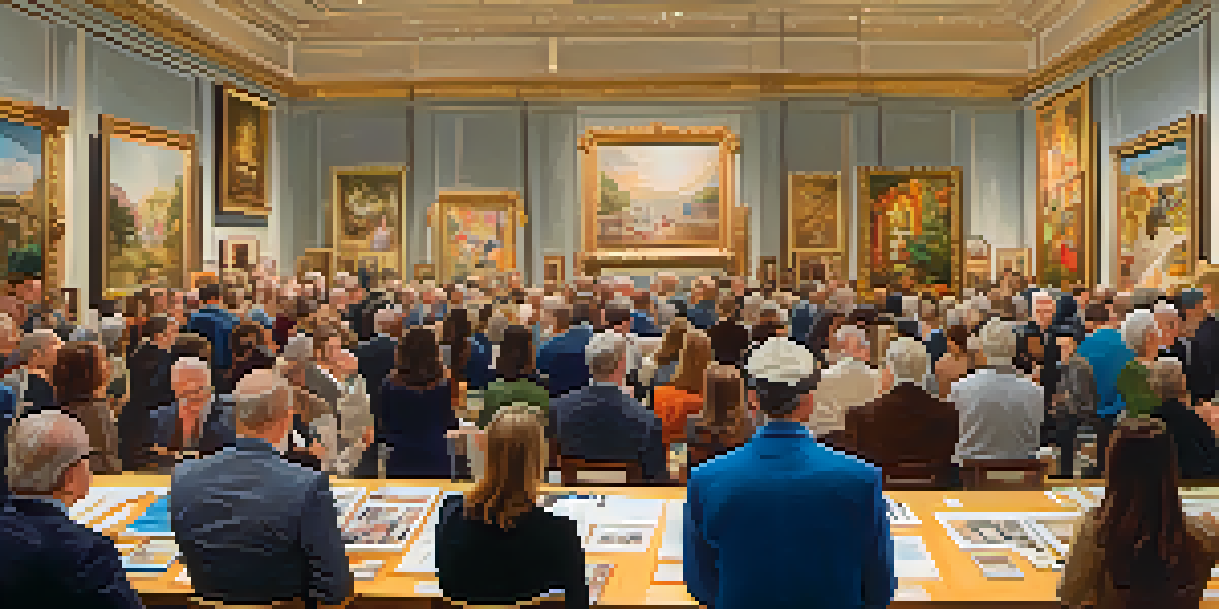 A lively art auction in a gallery with bidders raising paddles and an auctioneer at the front, surrounded by colorful artworks.
