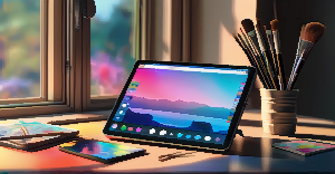 A digital artist's workspace with a tablet displaying a colorful painting, surrounded by brushes and a palette in a well-lit room.