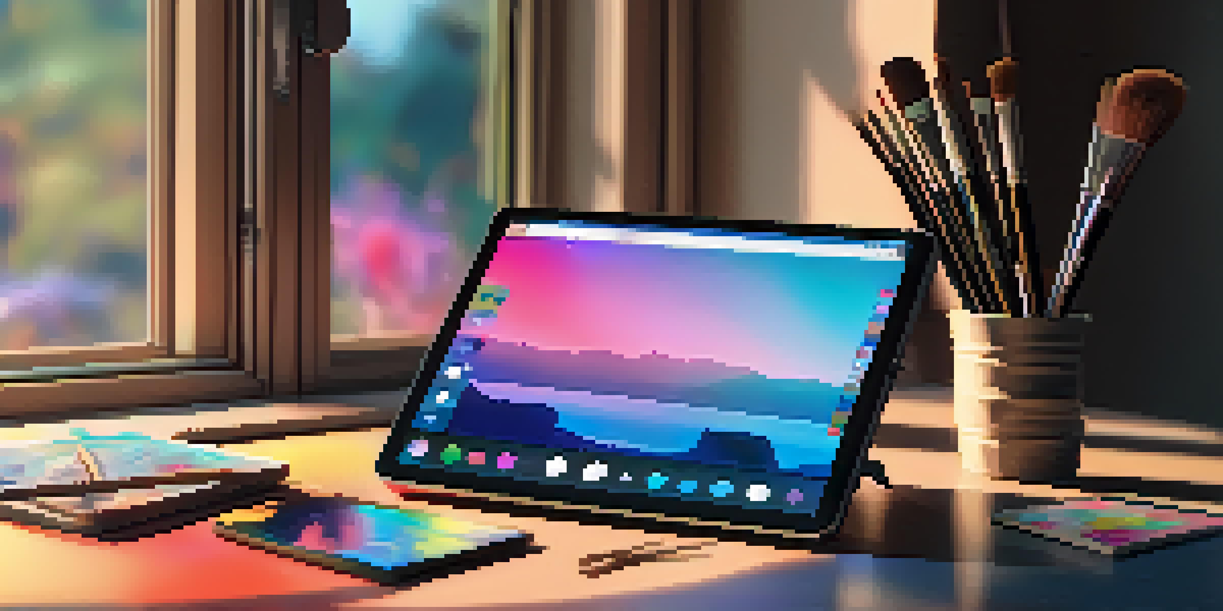 A digital artist's workspace with a tablet displaying a colorful painting, surrounded by brushes and a palette in a well-lit room.