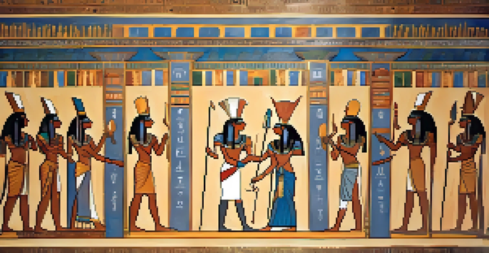 A mural painting illustrating ancient Egyptian mythology with gods and goddesses, featuring hieroglyphics and vibrant colors, set in a tomb.