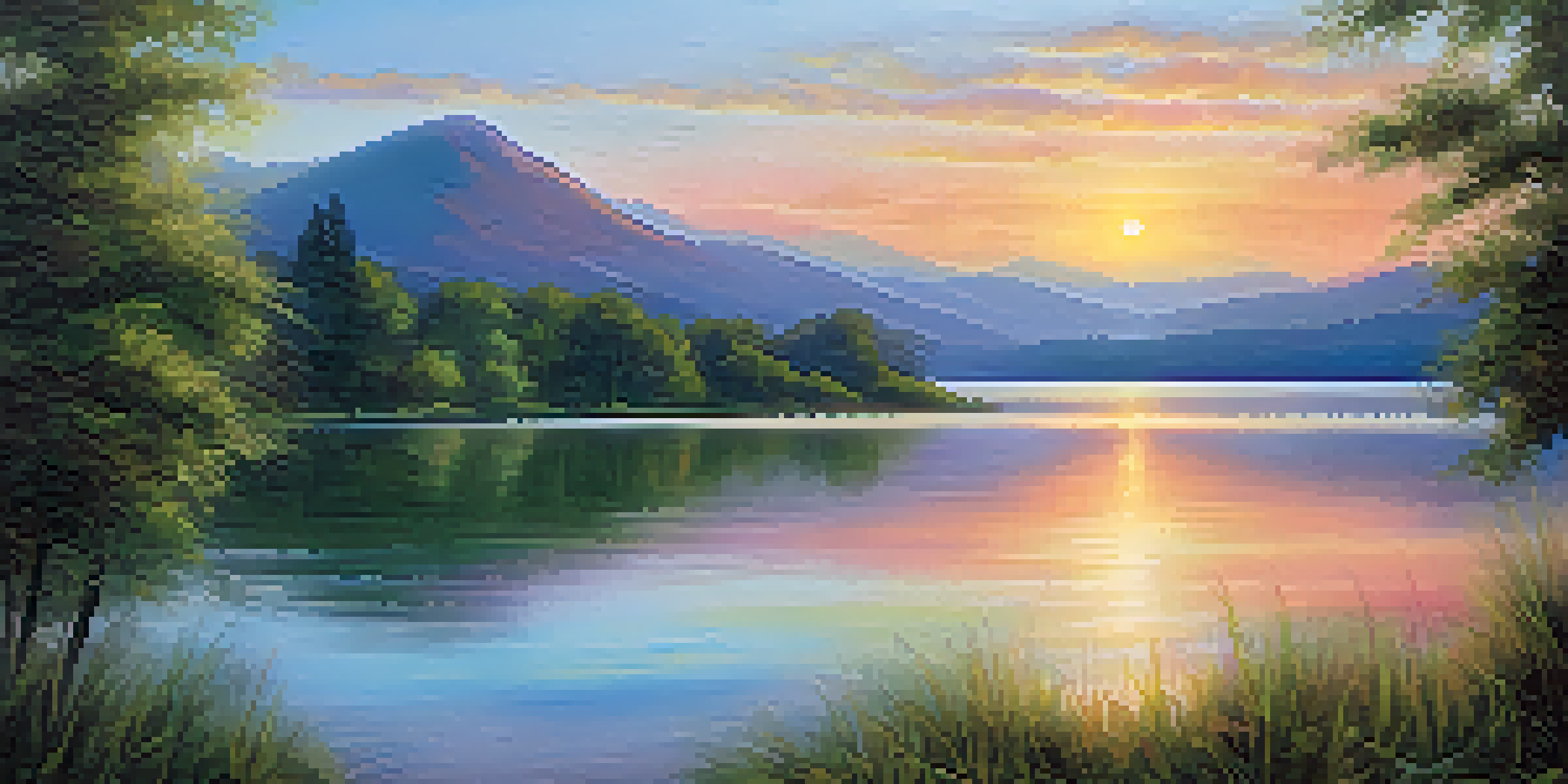 A beautiful Impressionist sunrise over a calm lake with vibrant colors and soft brushwork, surrounded by greenery and mountains.