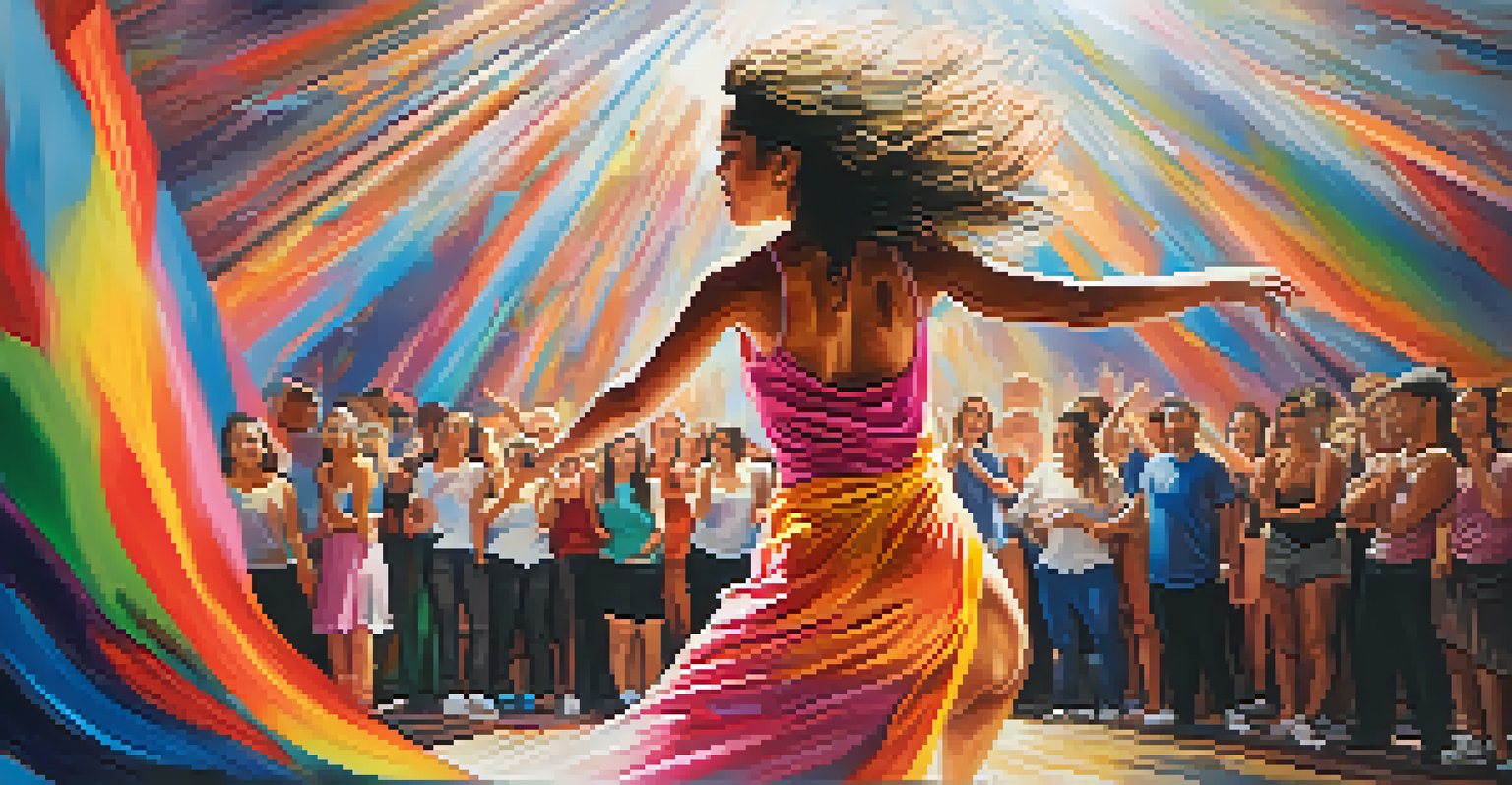 An artist creating a mural live during a dance performance, with bright colors and dancers in motion, captivating the audience.