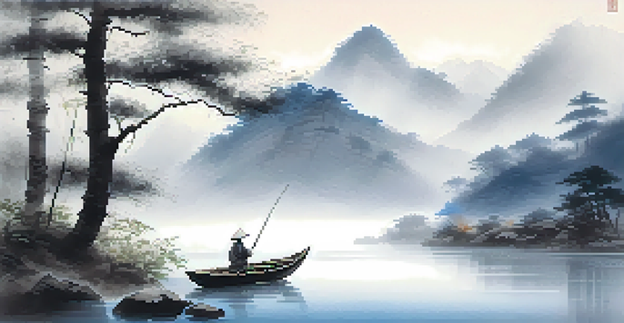 A peaceful ink wash painting depicting misty mountains, a river, and a fisherman in a wooden boat, showcasing harmony in nature.