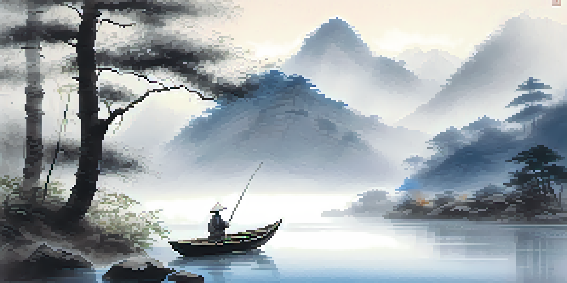 A peaceful ink wash painting depicting misty mountains, a river, and a fisherman in a wooden boat, showcasing harmony in nature.