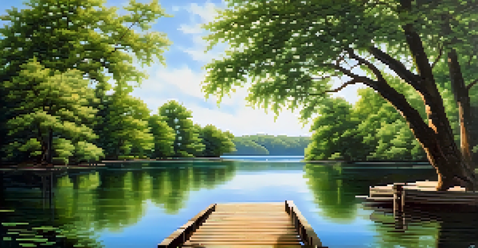 A tranquil lake surrounded by green trees and a clear blue sky, with a small dock extending into the water.