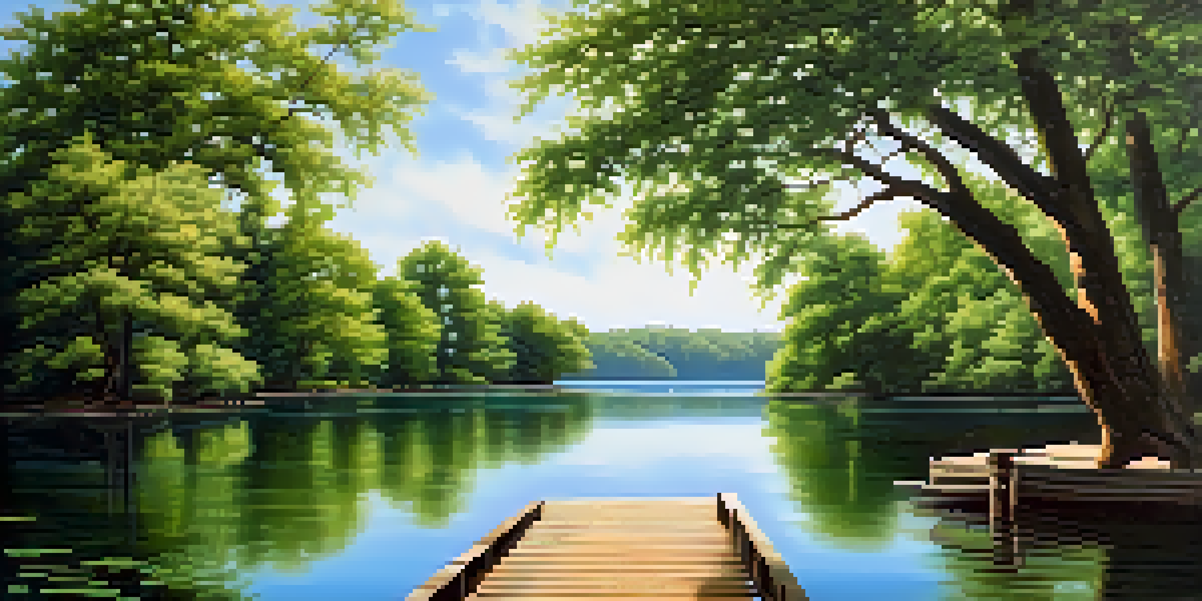 A tranquil lake surrounded by green trees and a clear blue sky, with a small dock extending into the water.