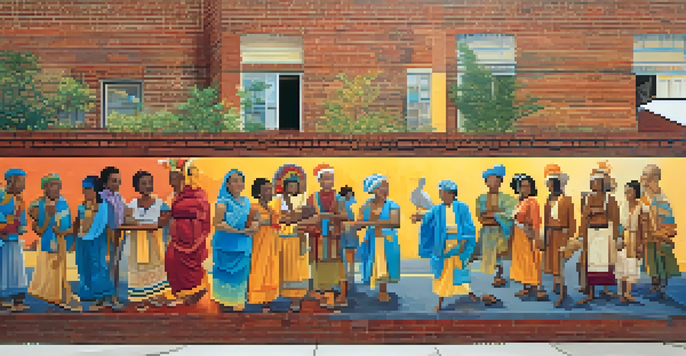 A colorful mural reflecting community history, showcasing diverse figures and cultural elements, with people interacting in a neighborhood setting.