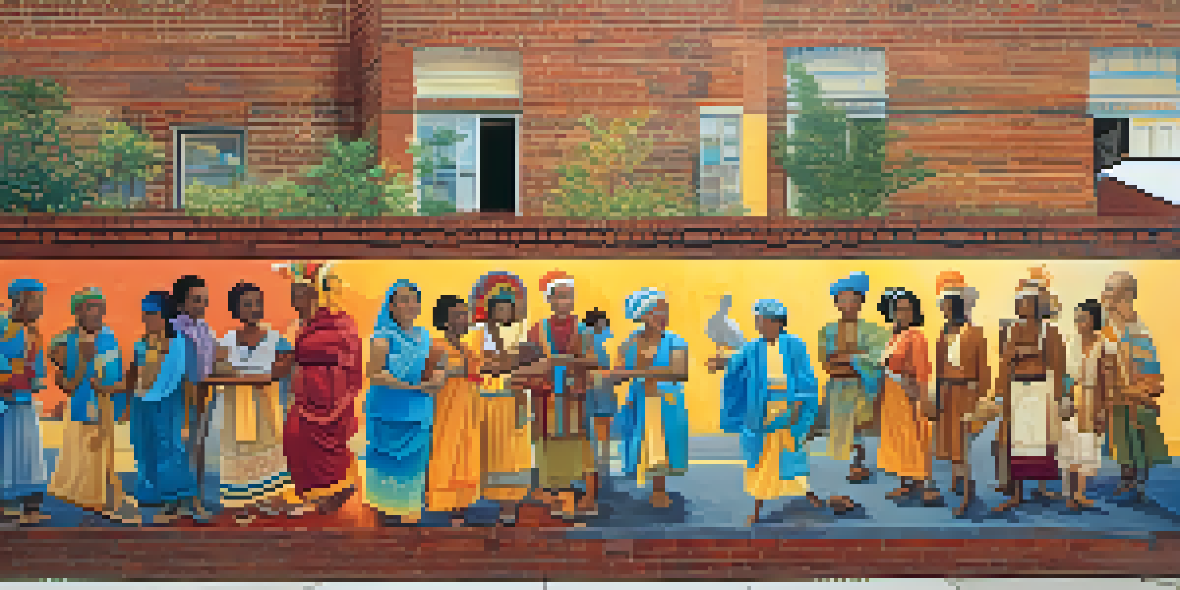 A colorful mural reflecting community history, showcasing diverse figures and cultural elements, with people interacting in a neighborhood setting.