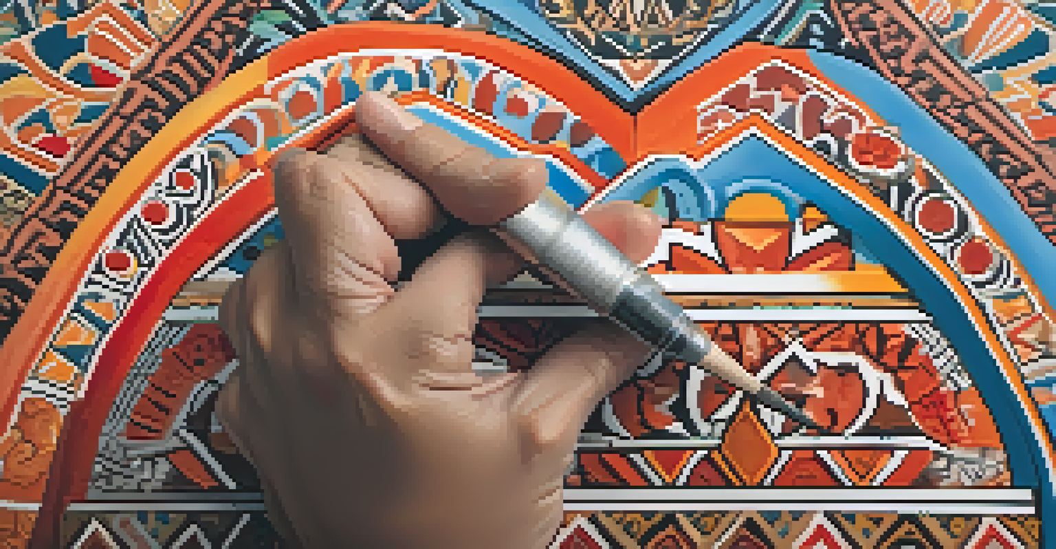 An artist's hand painting a colorful mural blending various cultural elements with bold brushstrokes.