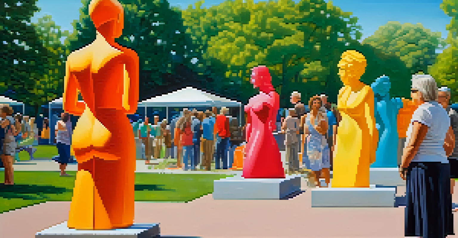 An outdoor art installation showcasing colorful sculptures celebrating women's contributions, with visitors enjoying the art in a park.