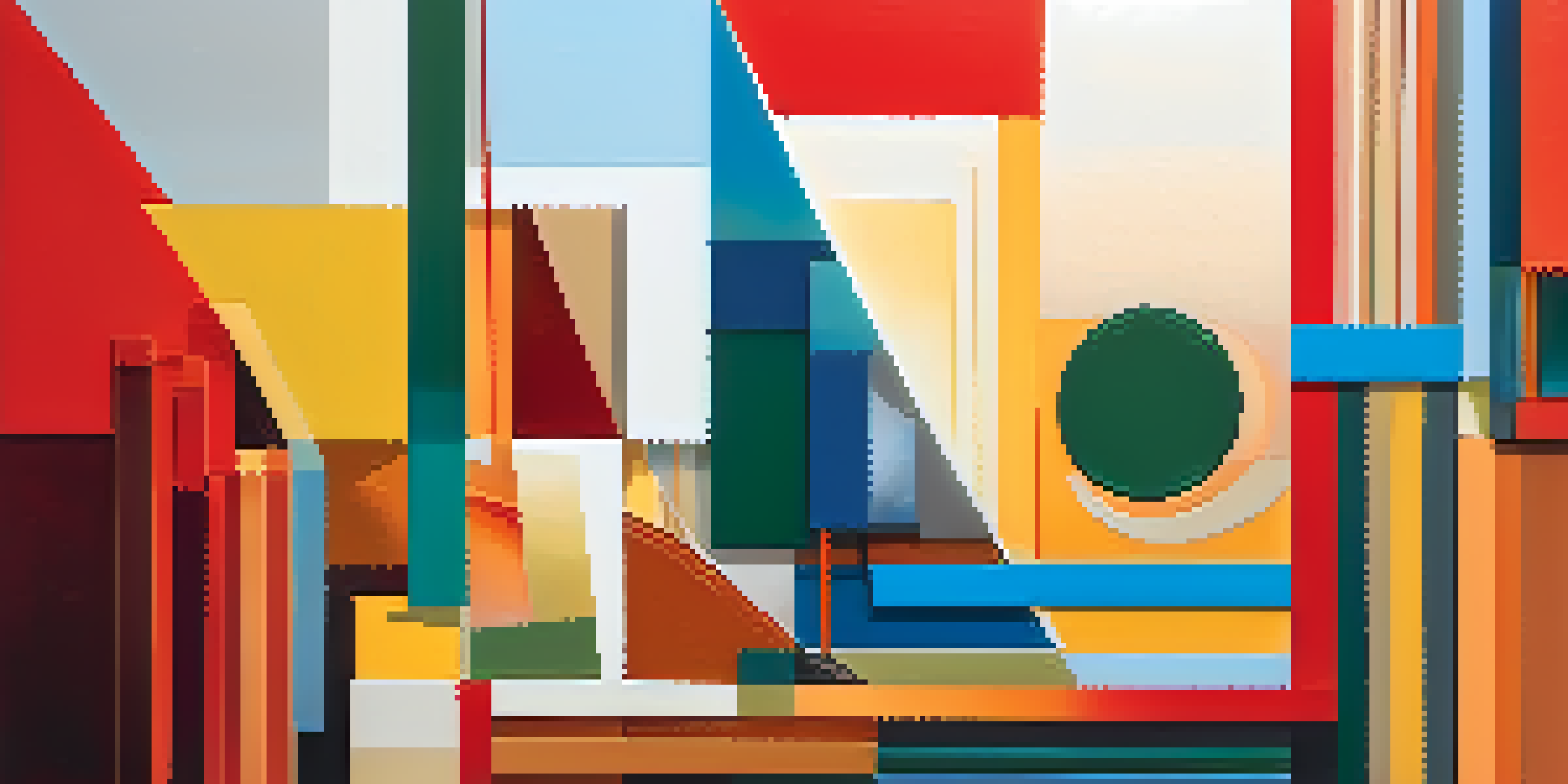 A colorful abstract collage with warm reds and yellows contrasted against cool blues and greens, featuring layered shapes and textures.